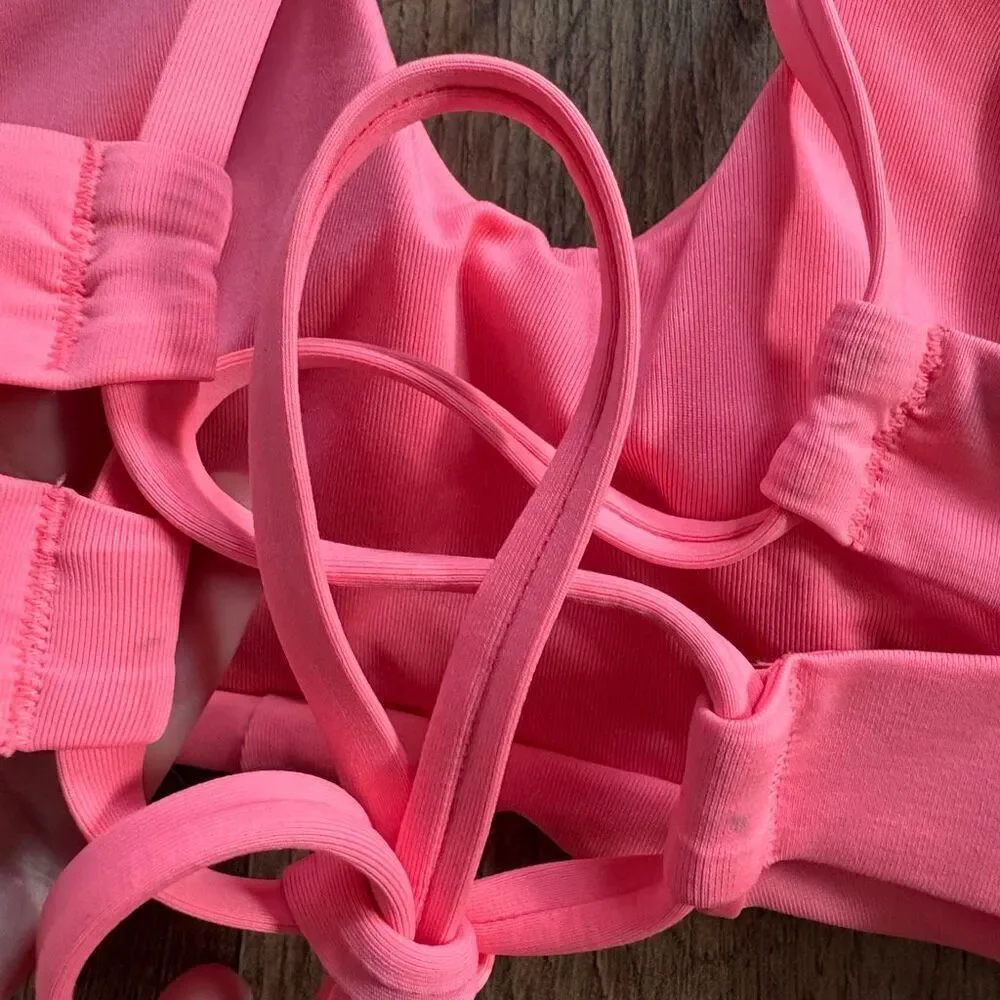 Athleta Pink Strappy Sports Bra Adjustable Back Tie Women's S Removable Padding